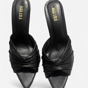 Miss Lola black textured stiletto mule heels, slip on, pointed toe, faux leather